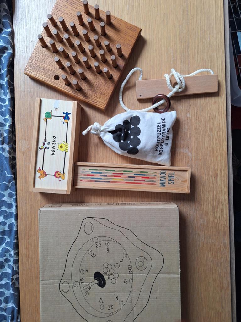 Houten spellen set: Mikado, Domino, Solitaire, Puzzels, Een of twee spelers, Ophalen of Verzenden, Gebruikt, Reisspel