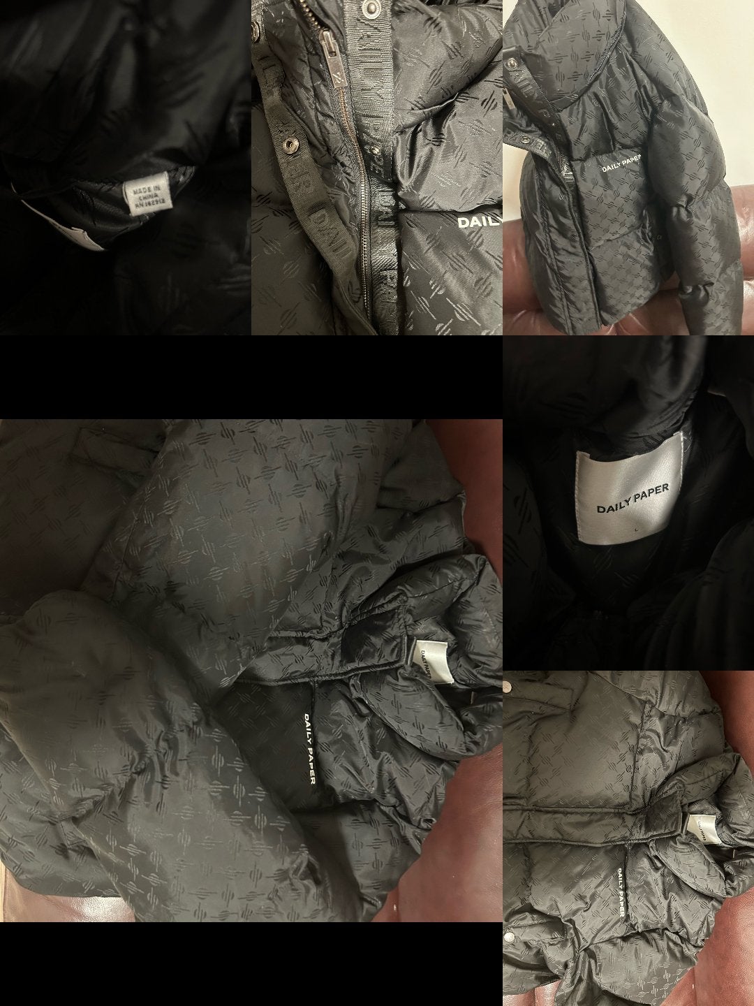 Daily Paper Puffer Jas Zwart met Monogram Patroon, Kleding | Dames, Ophalen, Zo goed als nieuw, Maat 42/44 (L), Zwart
