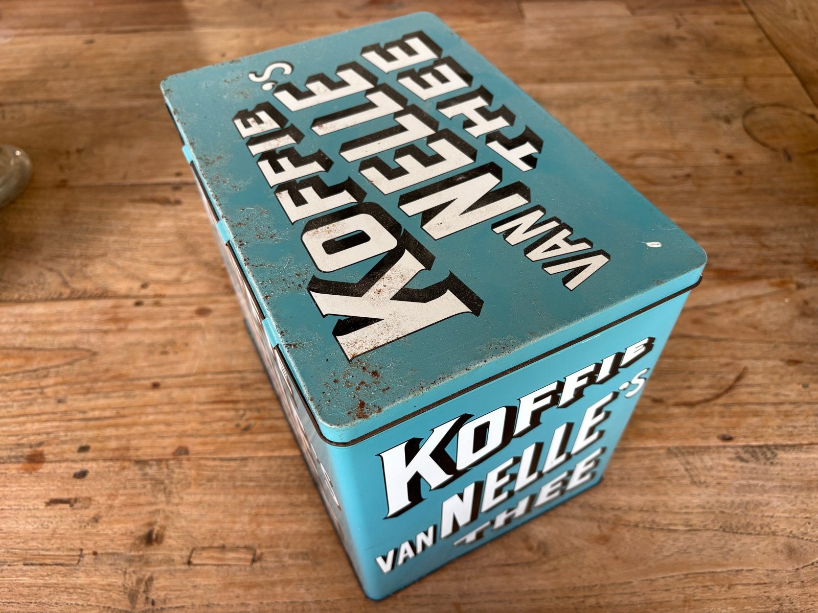 Vintage Van Nelle Koffie en Thee Blik - Turquoise, Ophalen, Gebruikt, Koffie, Van Nelle
