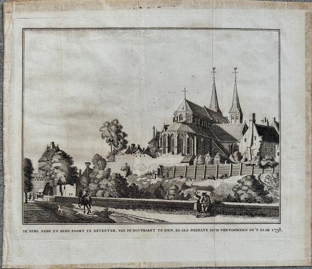 Oude kopergravure Deventer 1758 – Bergkerk & Bergpoort, Stadsgezicht, Ingelijst, Ophalen of Verzenden, Gravure