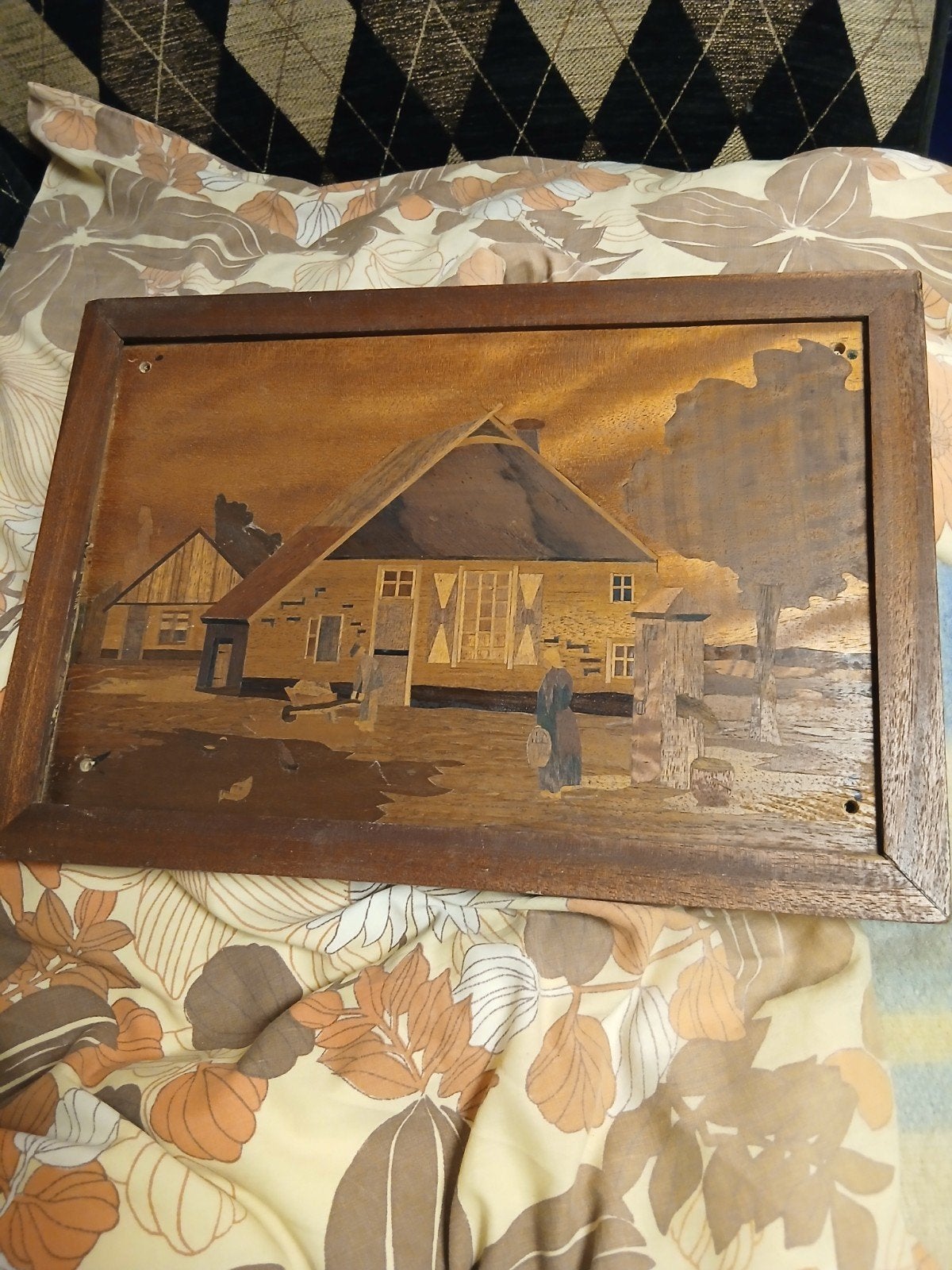 Vintage Houten Marqueterie Schilderij - Hollands Landschap, Ophalen of Verzenden, Klassiek, Stads- / dorpsgezicht, Ingelijst