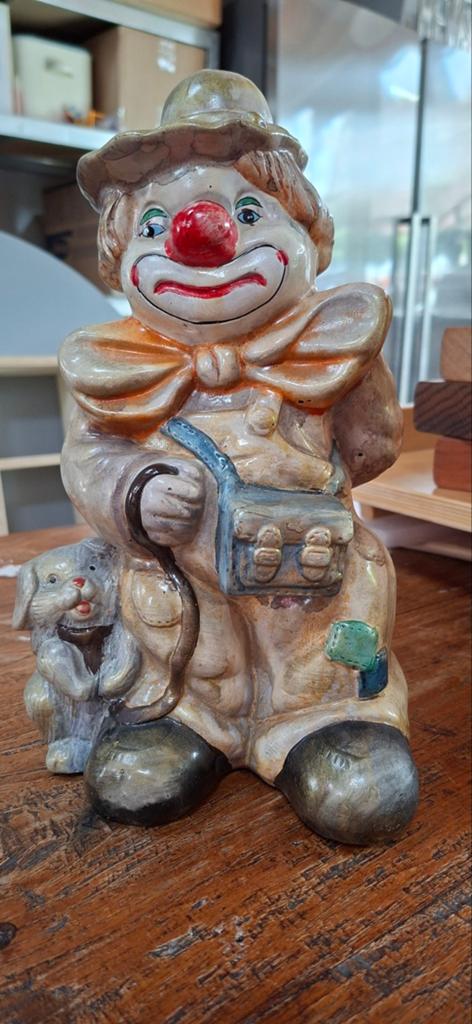 Vintage Spaarpot Clown met Hondje - Keramiek, Ophalen of Verzenden, Gebruikt, Steen, Aardewerk of Keramiek, Overige thema's