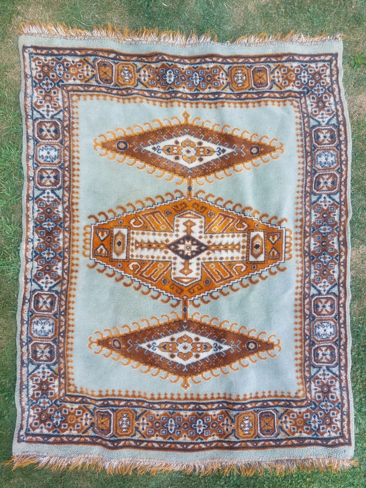 Vintage Vloerkleed met Oosters Patroon - Lichtblauw/Bruin, Gebruikt, 100 tot 150 cm, Bruin, Ophalen of Verzenden