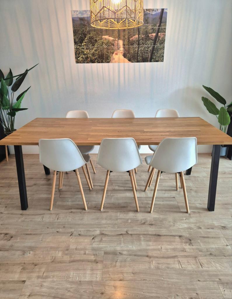 Eettafel hout met stalen poten - incl 6 kuipstoelen, Huis en Inrichting, Tafels | Eettafels, Overige houtsoorten, Gebruikt, Vijf personen of meer