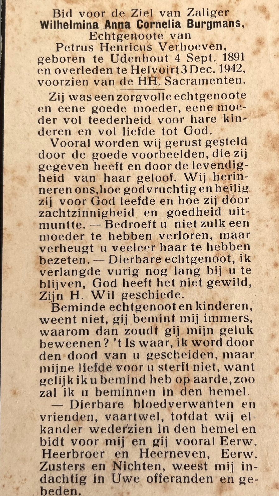 Wilhelmina Anna Cornelia Burgmans 1891 Udenhout, Ophalen of Verzenden