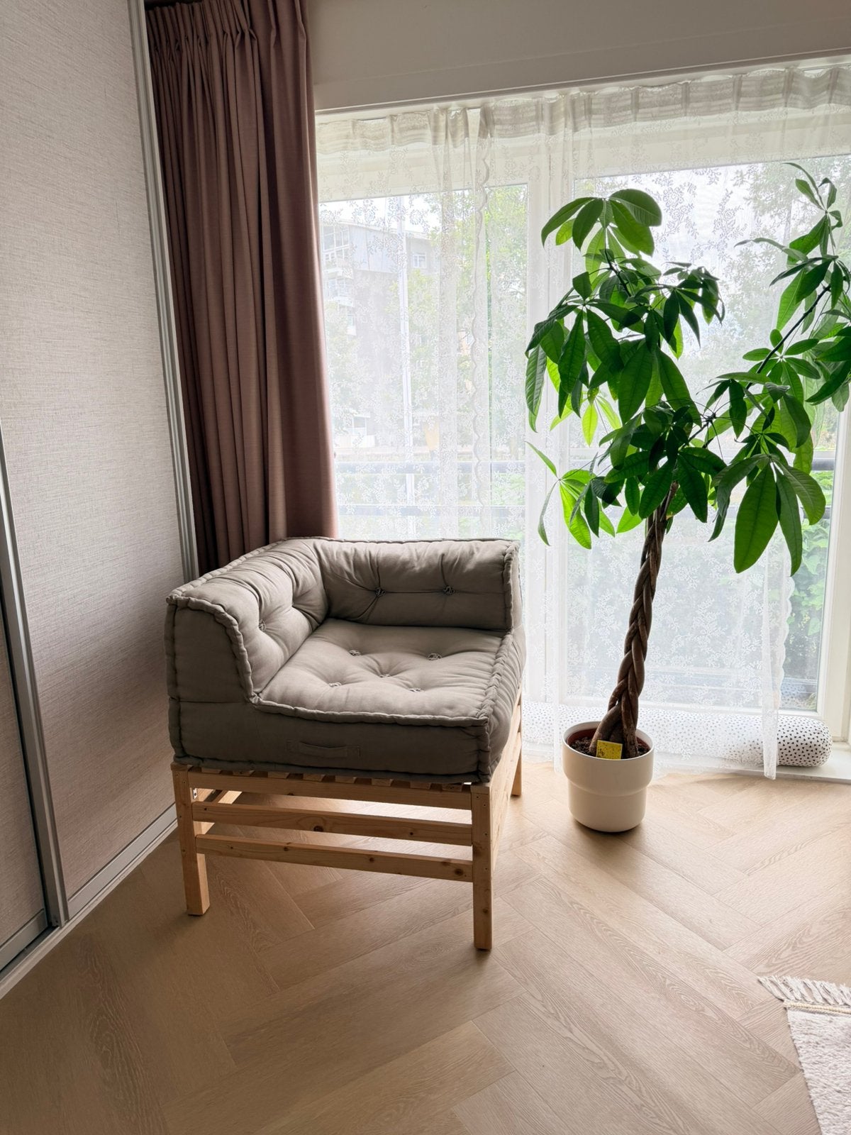 Hoekfauteuil hoekbank palletkussen bankje zandbruin, Huis en Inrichting, Ophalen, 75 tot 100 cm, Zo goed als nieuw, Stof