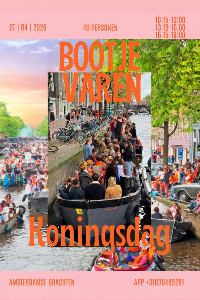 Bootje huren Koningsdag 2026 – Amsterdamse grachten, Twee personen, Ticket of Toegangskaart