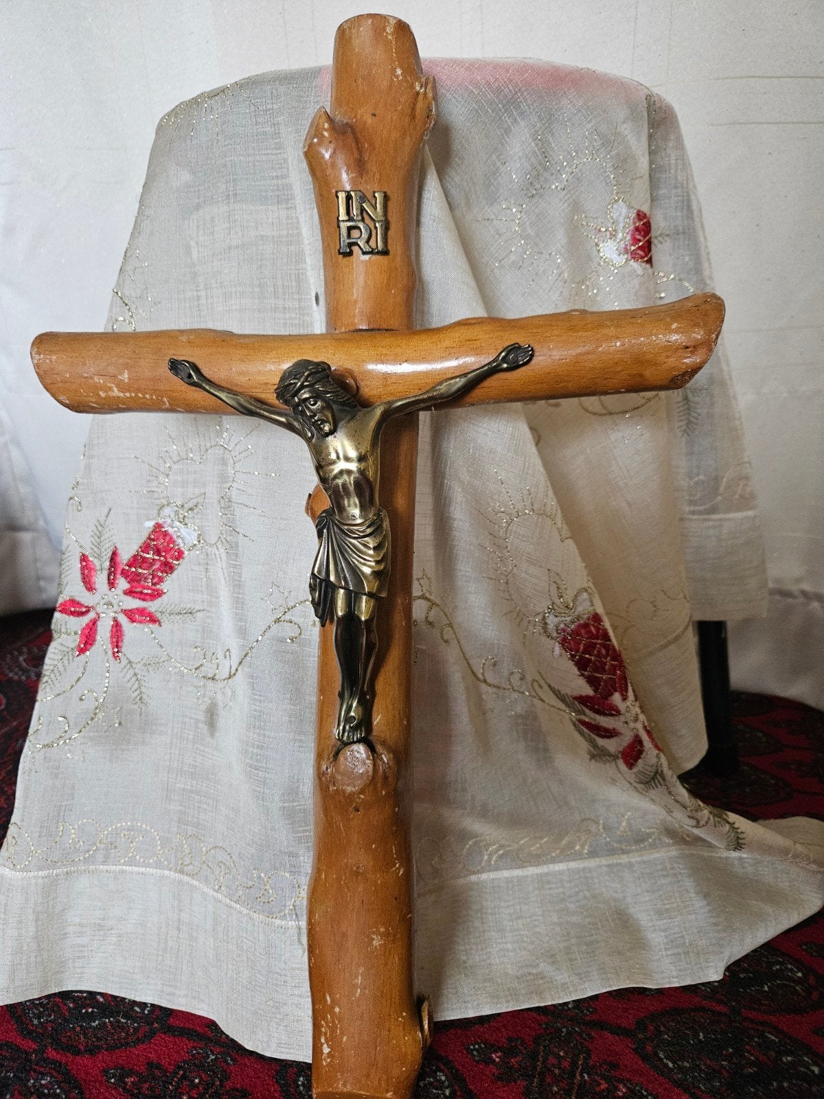 Antiek houten kruisbeeld met bronzen corpus - 55 cm, Ophalen
