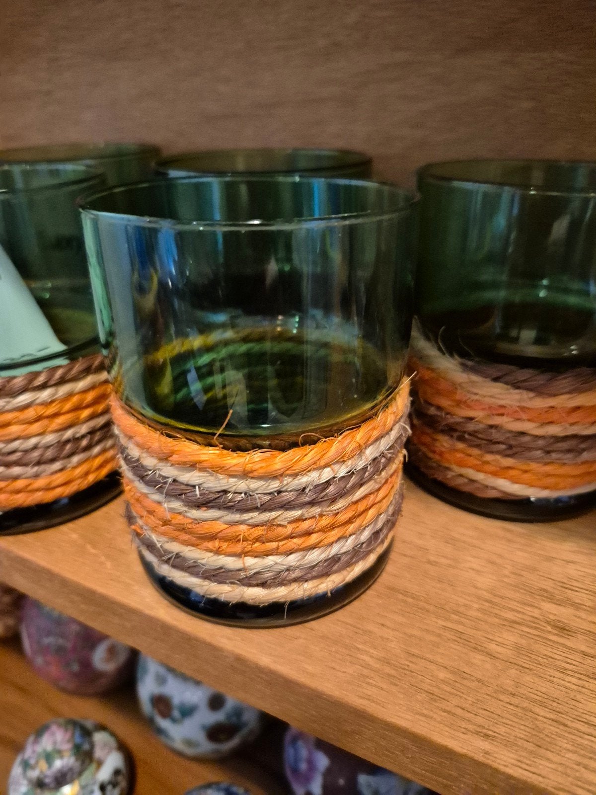 Set van 6 Groene Glazen met Gevlochten Basis, Ophalen of Verzenden, Zo goed als nieuw, Overige merken, Groen