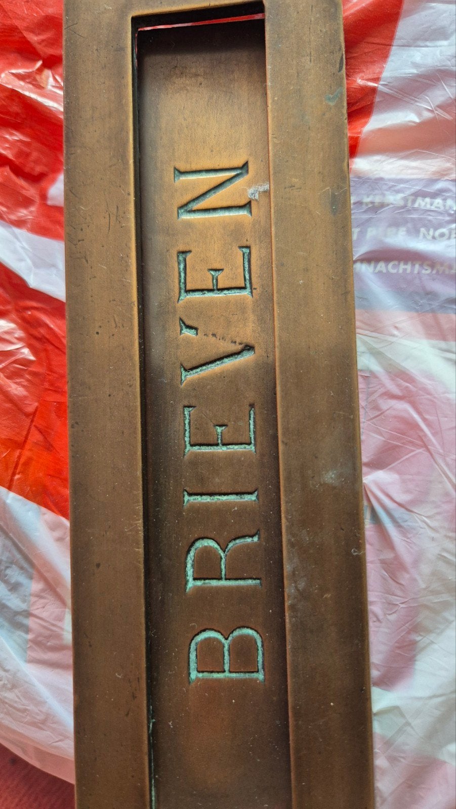Antieke bronzen brievenbusklep met opschrift 'BRIEVEN', Ophalen of Verzenden, Gebruikt