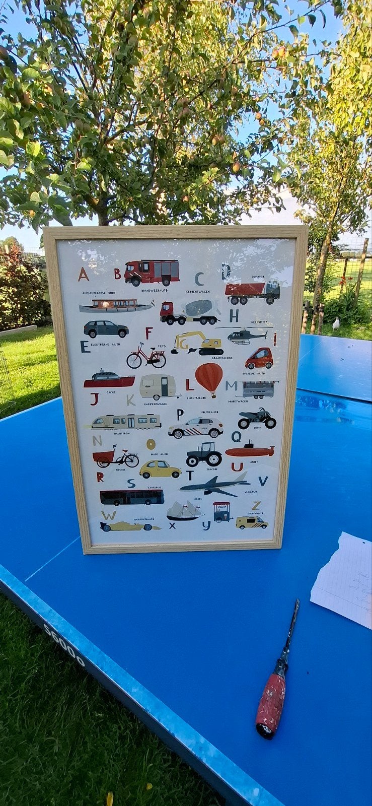 Voertuigen Alfabet poster, ingelijst, leren en decoratie,, Ophalen, 63 cm, Achter glas, Meerkleurig