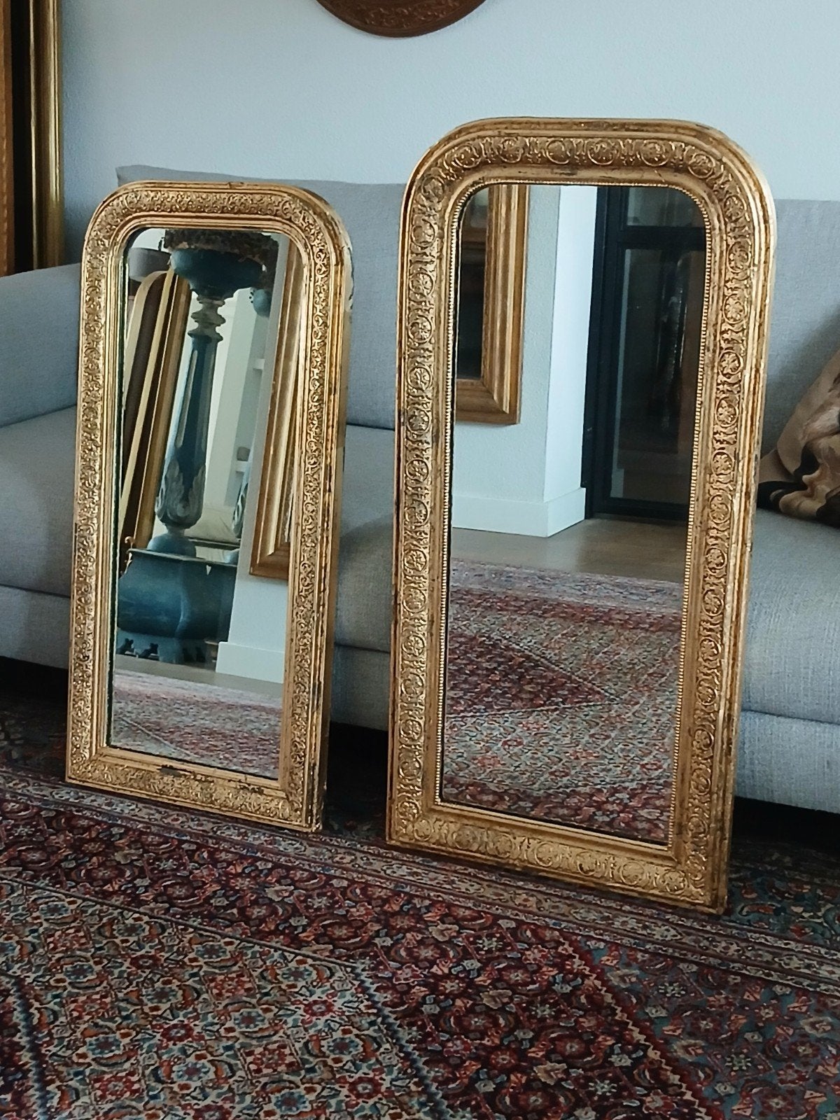 Stijlvolle Antieke Franse Bladgoud Vergulde Spiegels, Huis en Inrichting, Ophalen, Rechthoekig, Minder dan 50 cm, 150 tot 200 cm
