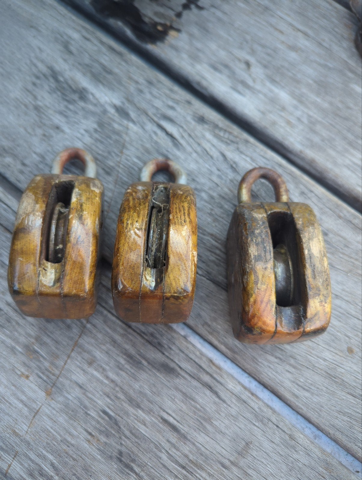 Set van 3 antieke houten katrollen, Ophalen of Verzenden