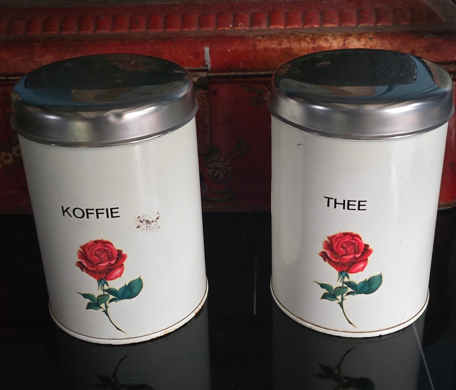 2 vintage jaren 50 koffie en thee blik roos Brabantia, Ophalen of Verzenden