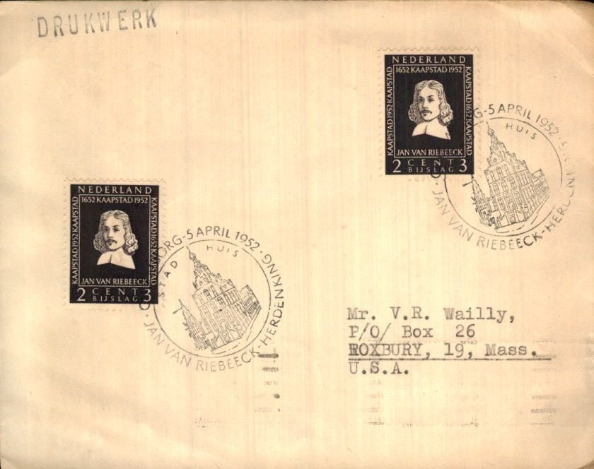 Jan van Riebeeck - USA - Culemborg - Sluitzegel - 1952, Verzenden, Envelop