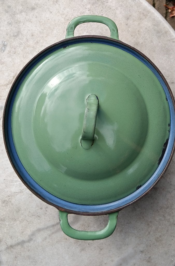FE BELGIUM groene gietijzeren faitout pan 20 cm (G309), Gebruikt, Gietijzer, Ophalen of Verzenden, Keramische plaat