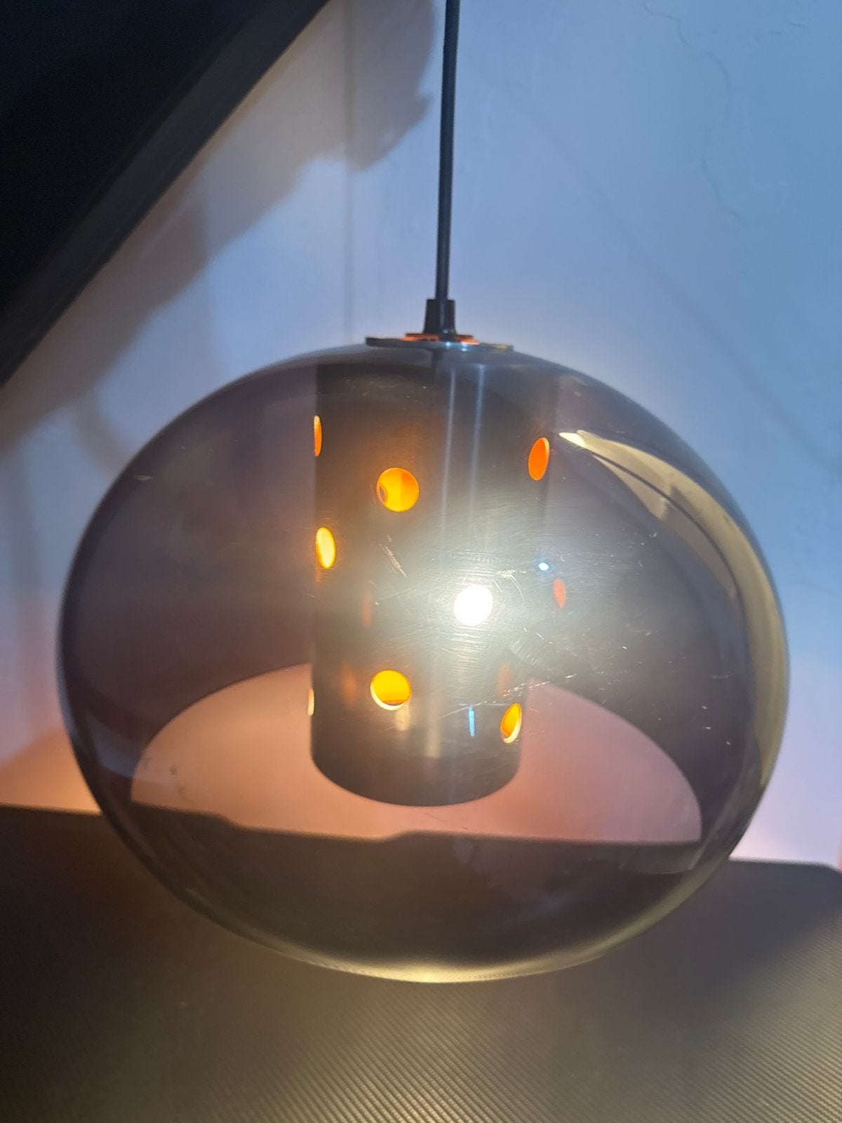 vintage Mid-Century Herda / Dijkstra Space Age hanglamp, Ophalen of Verzenden, Gebruikt, Glas, E27 (groot)
