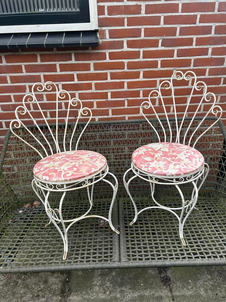 Vintage Franse bistro stoelen gietijzer wit, Tuin en Terras, Tuinstoelen, Ophalen, Gebruikt, Metaal