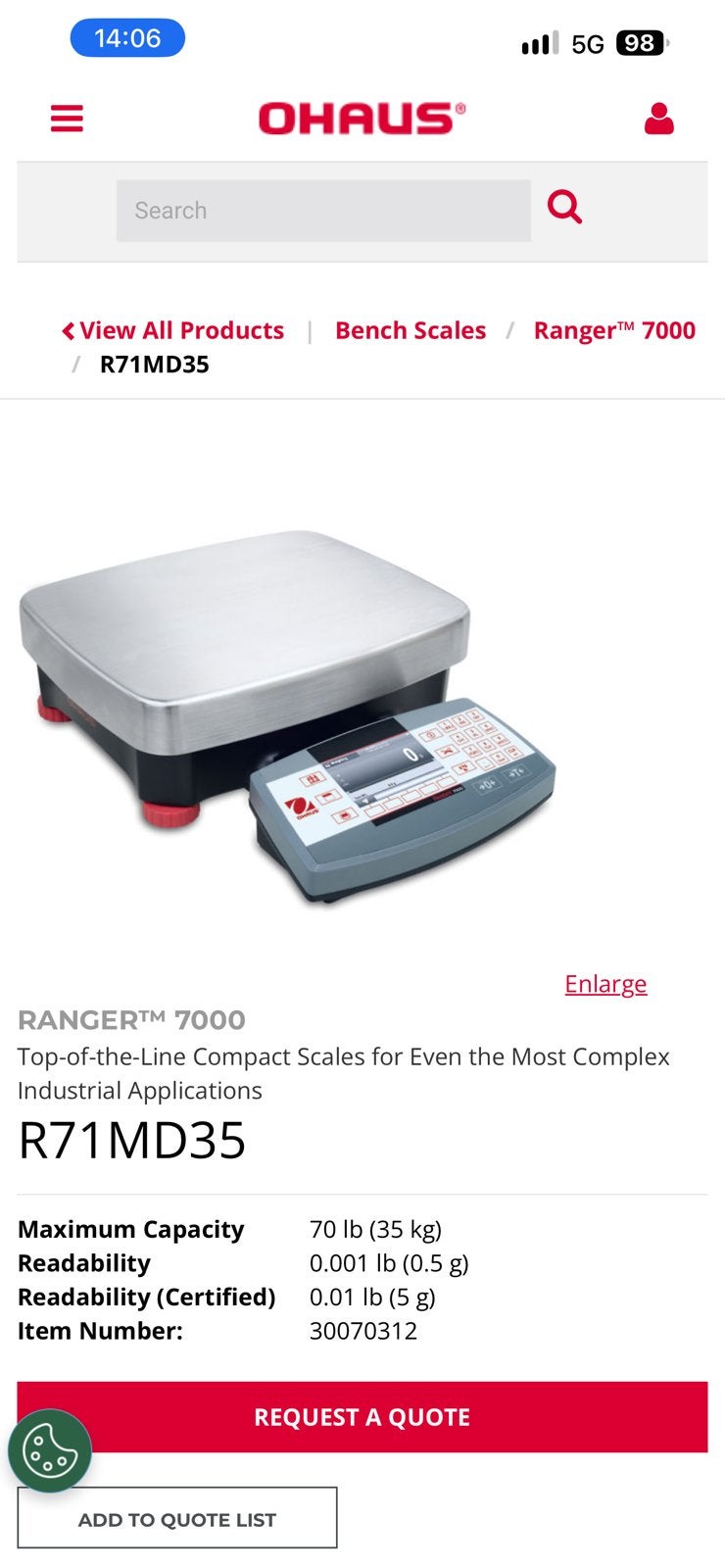OHAUS Ranger weegschaal 0-35kg professioneel, 1 tot 500 gram, Ophalen of Verzenden, Zo goed als nieuw, Personenweegschaal