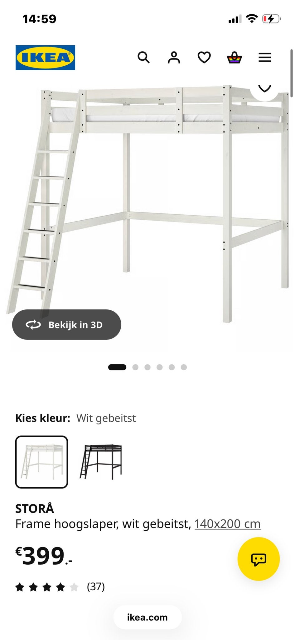 Ikea Stora Hoogslaper - Wit gebeitst - Goede staat, Ophalen, Gebruikt, Hoogslaper, Tweepersoons