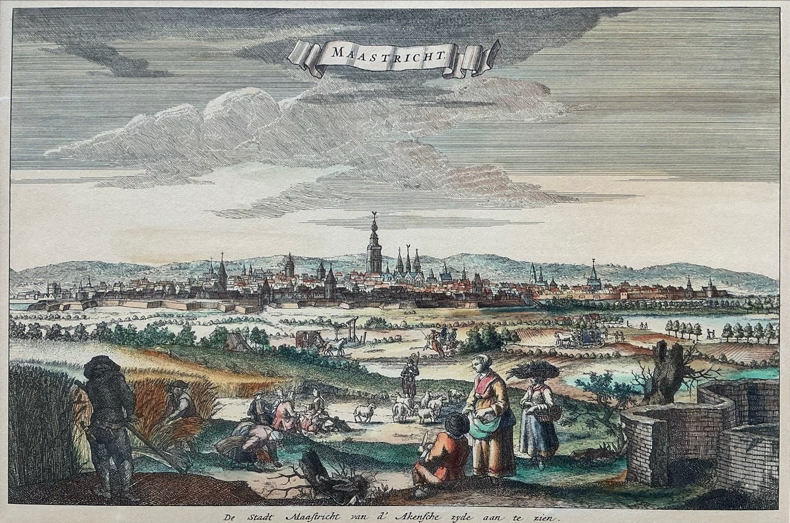 Zicht op Maastricht, ingekleurde kopergravure (18e eeuw), Antiek en Kunst, Handgekleurd, Stadsgezicht, Ophalen of Verzenden, Gravure