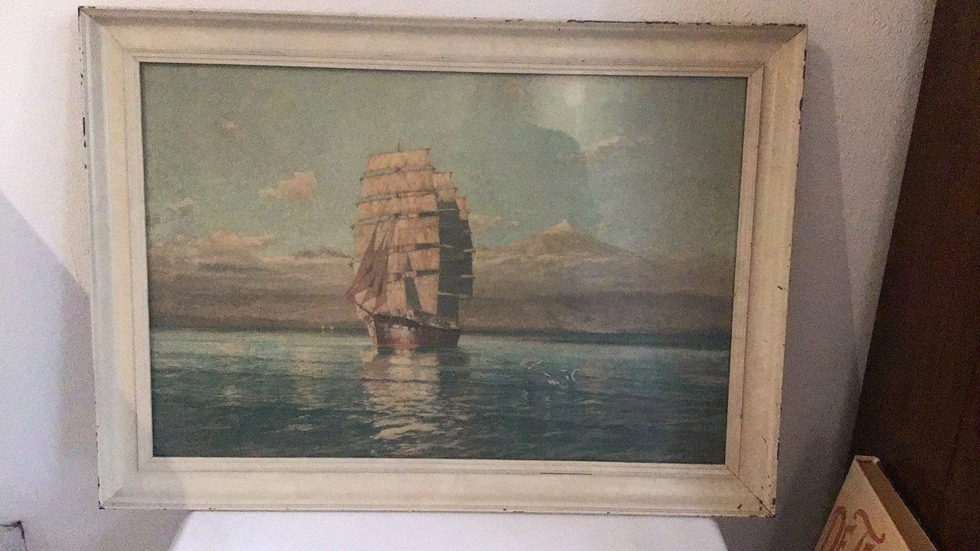 Prachtige oude reproductie van schip op zee, Antiek en Kunst, Ophalen