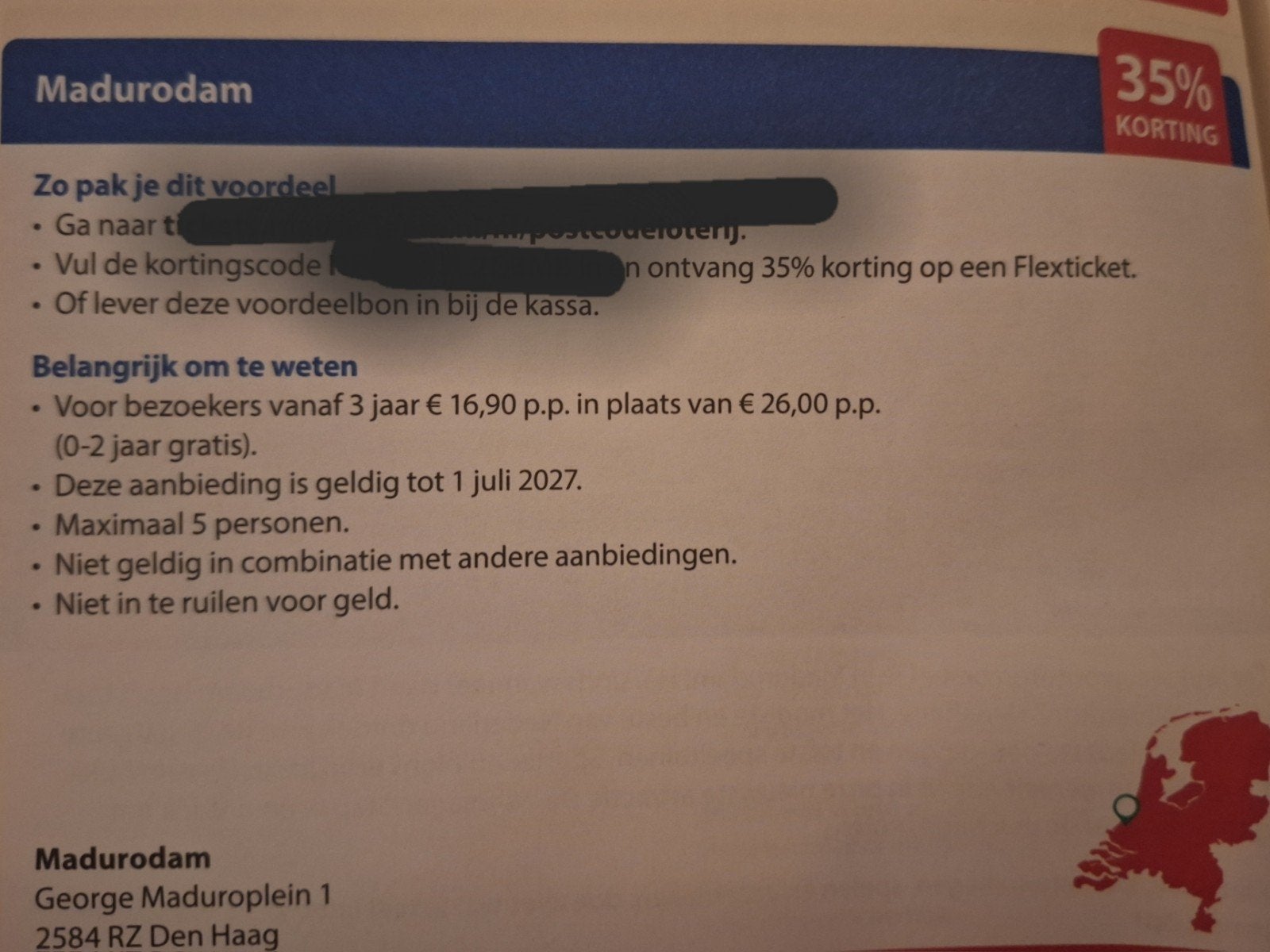 Madurodam 35% korting, Tickets en Kaartjes, Drie personen of meer, Kortingskaart