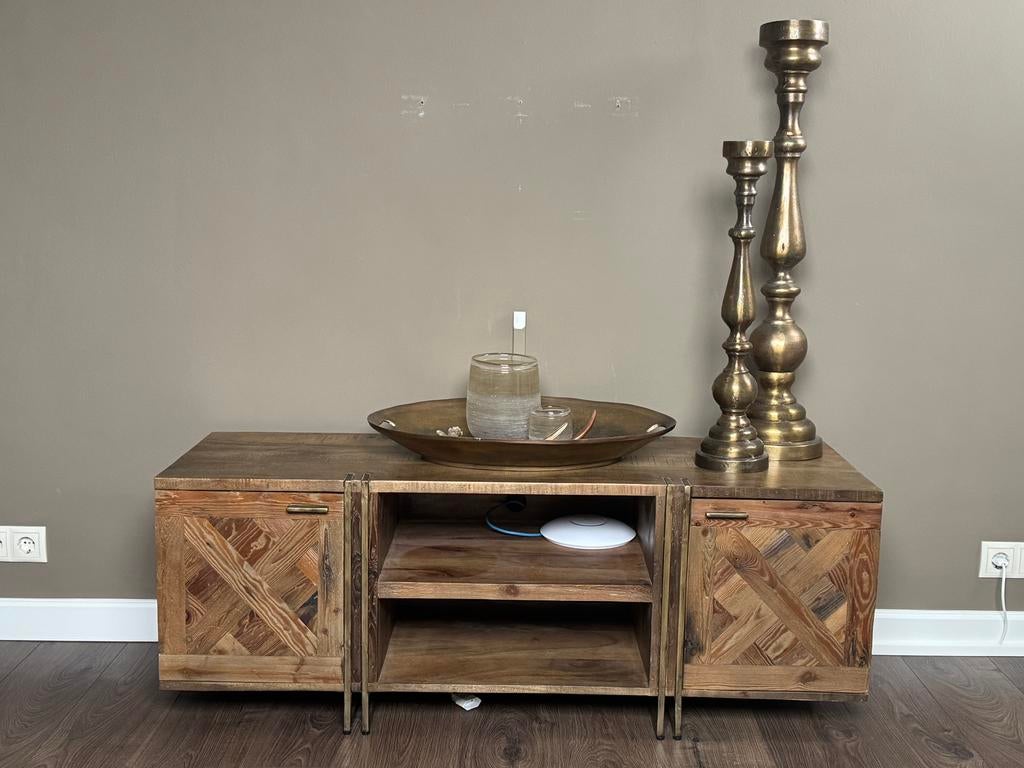 Tv-meubel PTMD, hout en messing, 100 tot 150 cm, Zo goed als nieuw, Minder dan 100 cm, 25 tot 50 cm