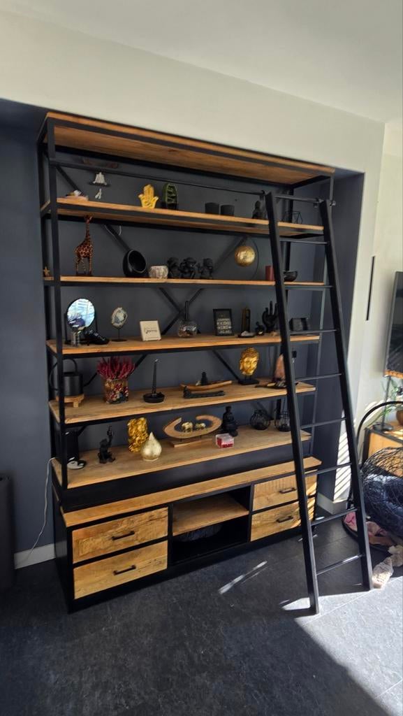 Mangohouten Boekenkast 160 cm bij 225 cm, Met plank(en), 100 tot 150 cm, 200 cm of meer, Industrieel, Modern