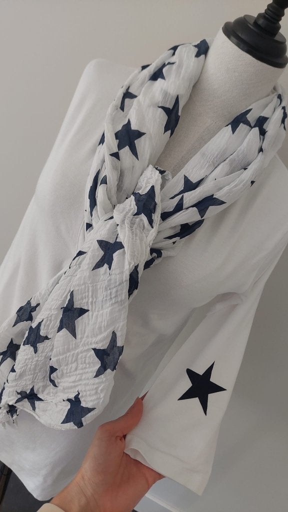 Set: shirt / top driekwartsmouw + halsdoek - VIV - 34 / XS, Kleding | Dames, VIV, Wit, Ophalen of Verzenden, Korte mouw