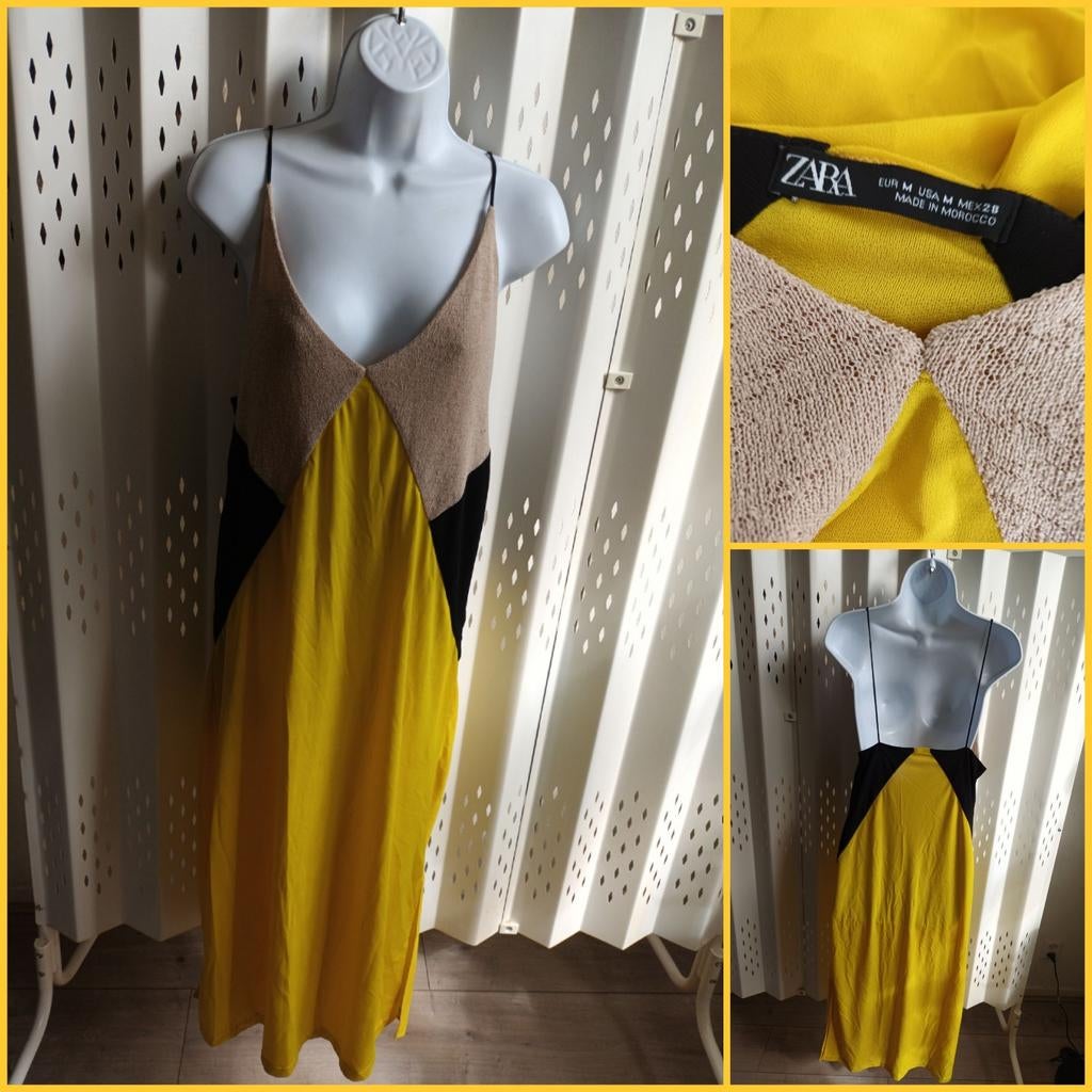 Zara jurk geel, zwart en beige v-neck spaghettibandjes M, Maat 38/40 (M), Zara, Ophalen of Verzenden, Zo goed als nieuw