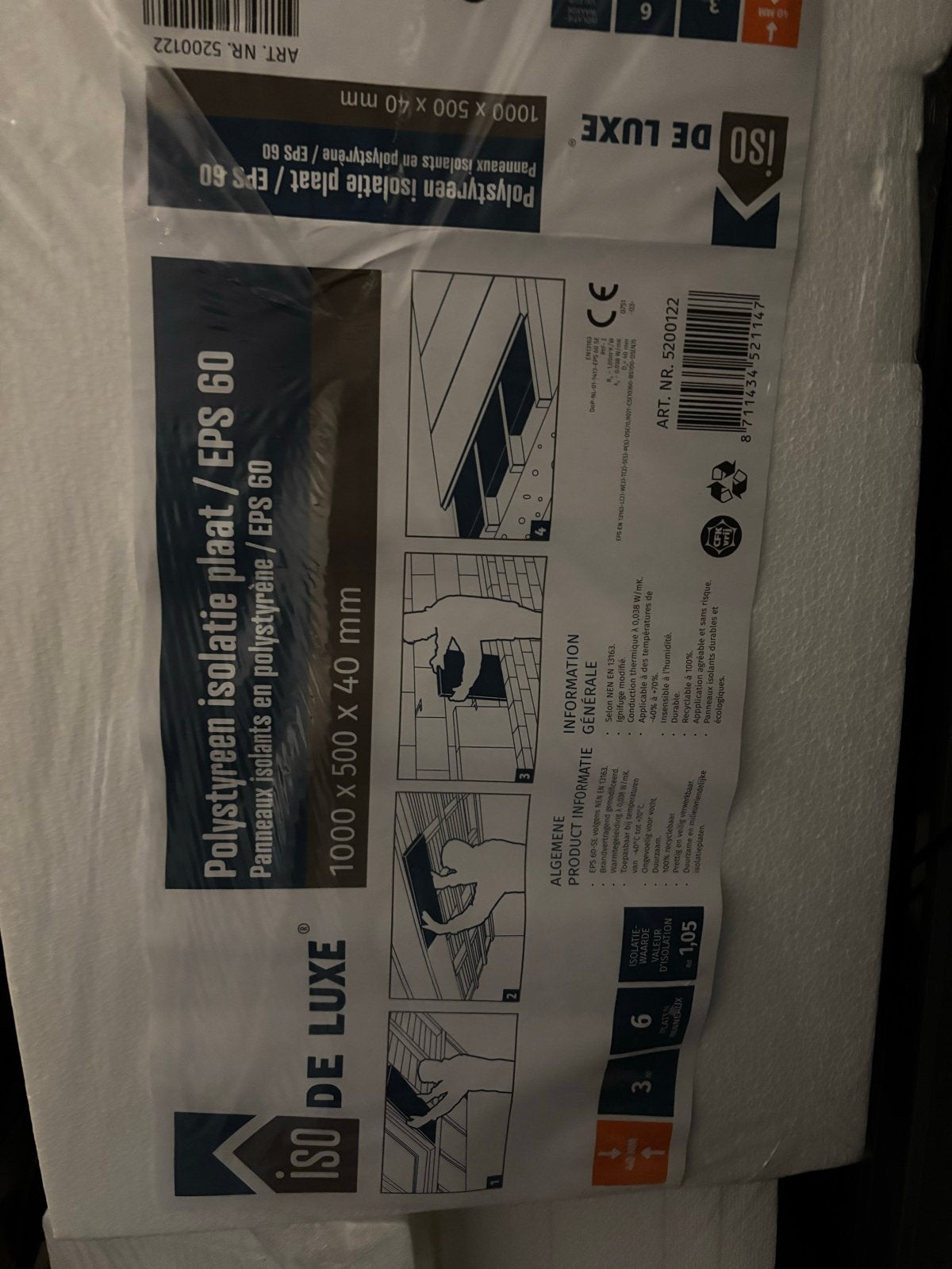 ISO DE LUXE Polystyreen Isolatieplaat EPS 60 - 1000x500x40mm, Nieuw, Muurisolatie, Minder dan 5 m², Piepschuim (Tempex)