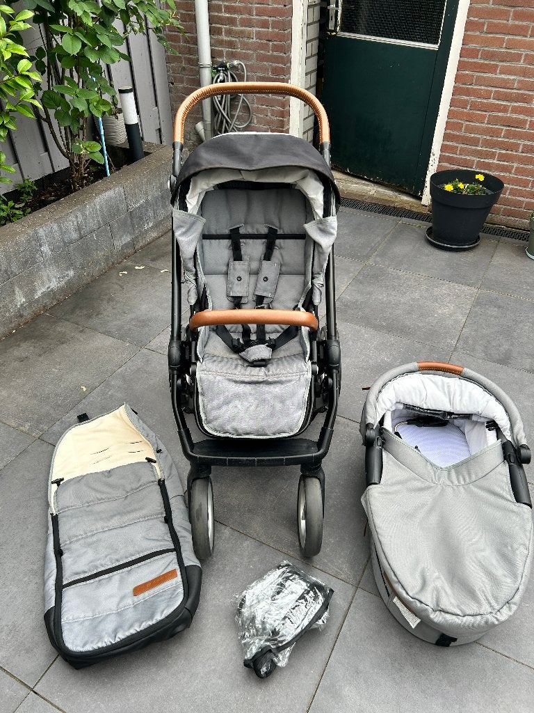 Mutsy Evo Complete Stroller Set – Grey/Cognac Leather, Gebruikt, Duowagen, Mutsy, Ophalen