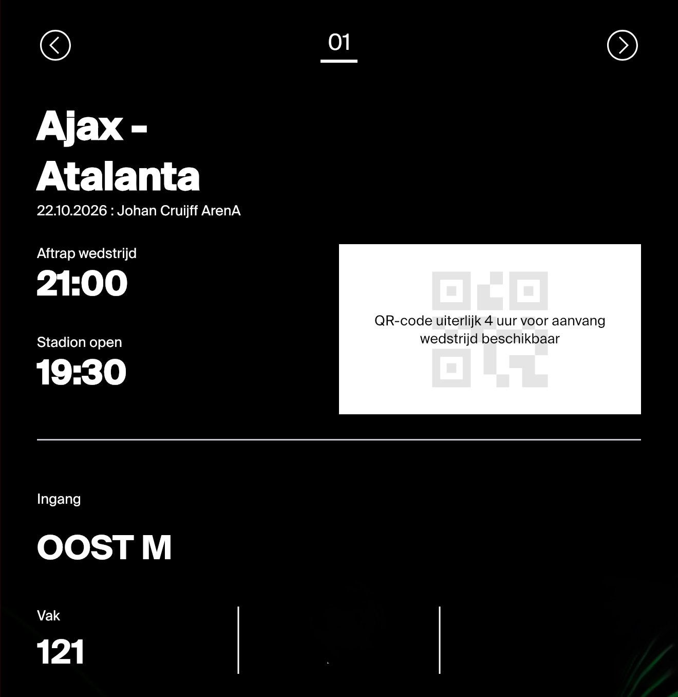 1 kaartje Ajax - Atalanta - Vak 121. Top Plaats Lange Zijde, Tickets en Kaartjes, Eén persoon