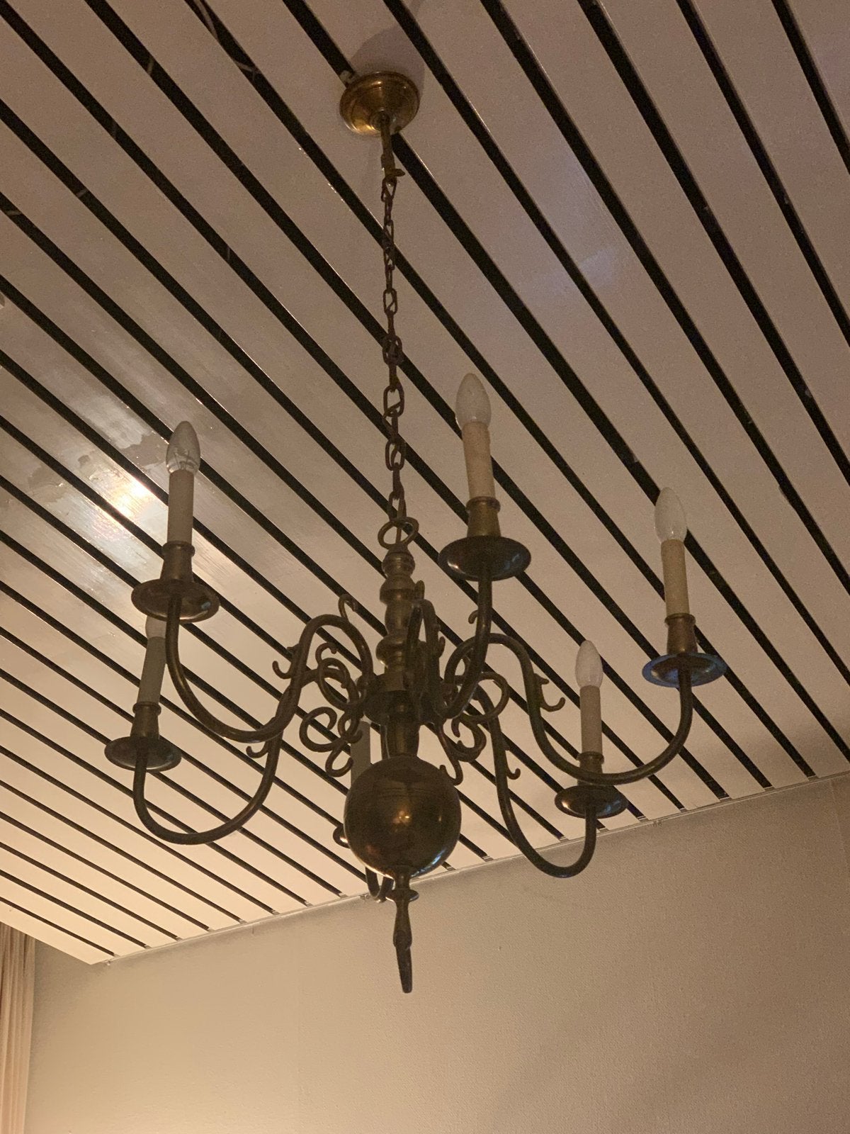 Antieke Messing Kroonluchter met 6 Armen, Ophalen