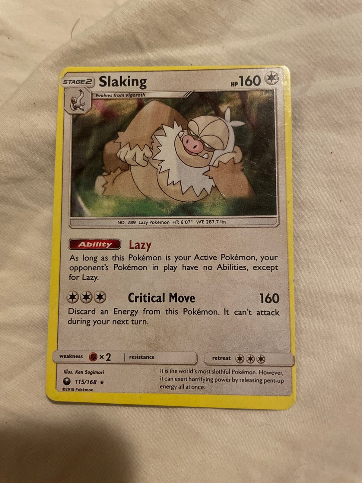Zeldzame Pokémon kaart: Slaking (115/168) - Sun & Moon, Hobby en Vrije tijd, Verzamelkaartspellen | Pokémon, Ophalen, Gebruikt