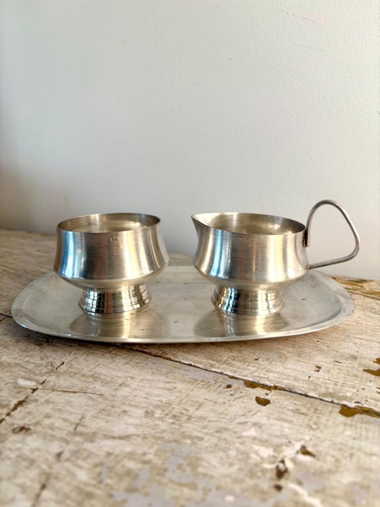 Art Deco Verzilverd Melk- en Suikerset op Dienblad, jaren 30, Antiek en Kunst, Antiek | Goud en Zilver, Ophalen of Verzenden, Zilver
