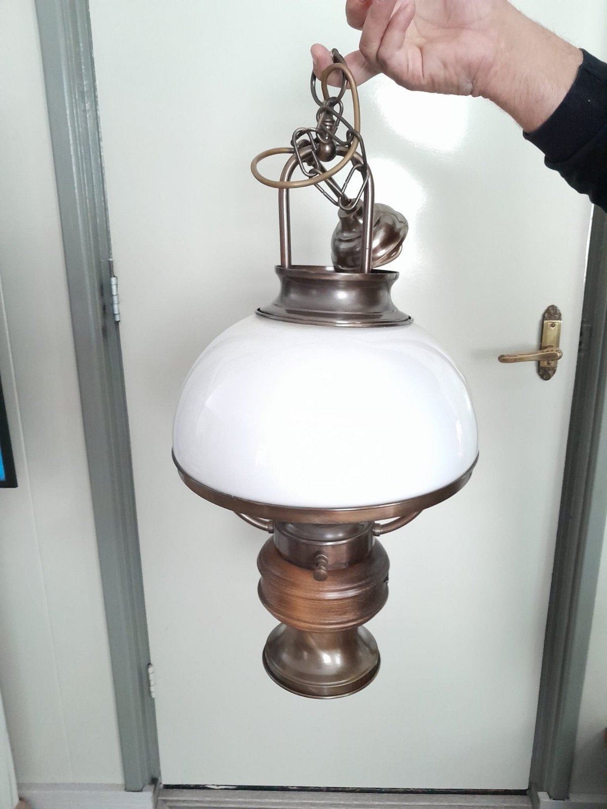 Vintage messing hanglamp met opaline kap - Virginia Beach, Ophalen of Verzenden