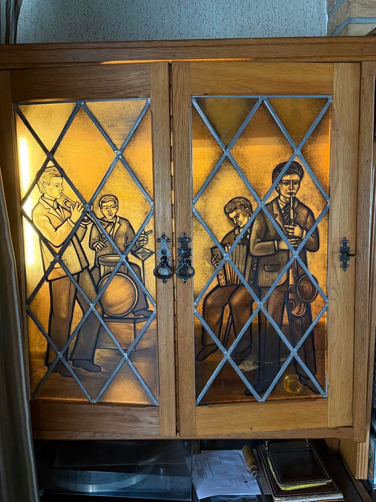 Unieke Muziekmeubel met Glas-in-lood Jazz Tafereel, Ophalen of Verzenden