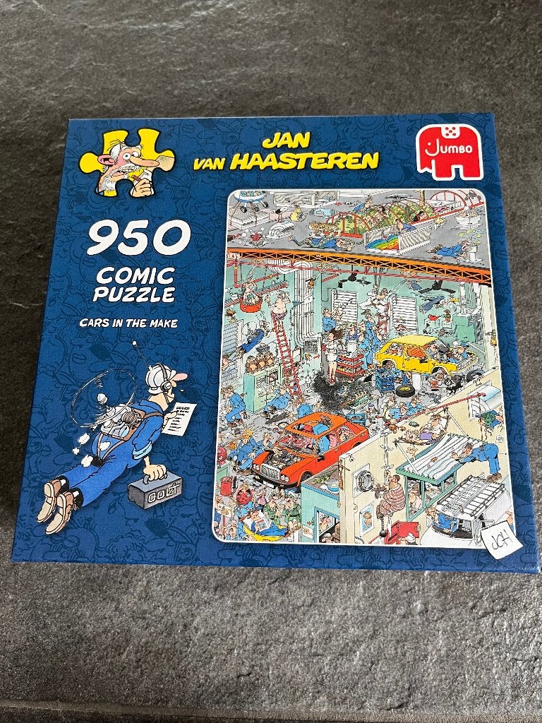 Jan van Haasteren 950 stukjes- cars in the make, Ophalen of Verzenden, 500 t/m 1500 stukjes, Zo goed als nieuw, Legpuzzel