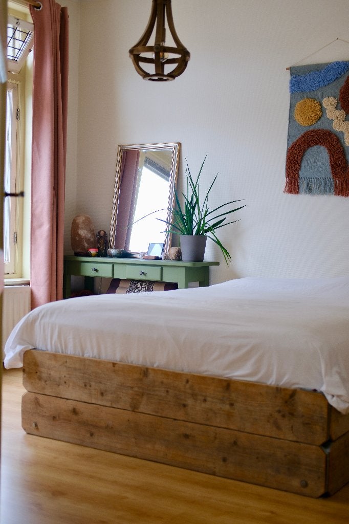 Steigerhouten bed 140x200cm incl lattenbodem en matras, Gebruikt, Bruin, Rustiek, Steigerhout