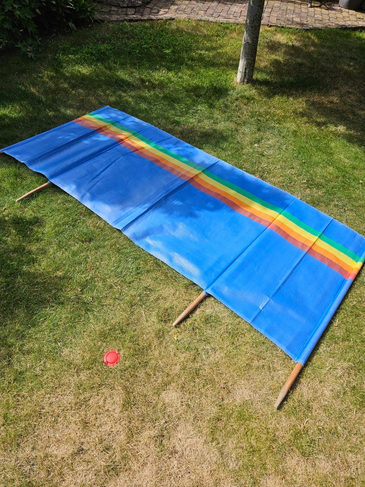 Vintage (strand) windscherm  blauw met regenboogstreep, Ophalen, Gebruikt