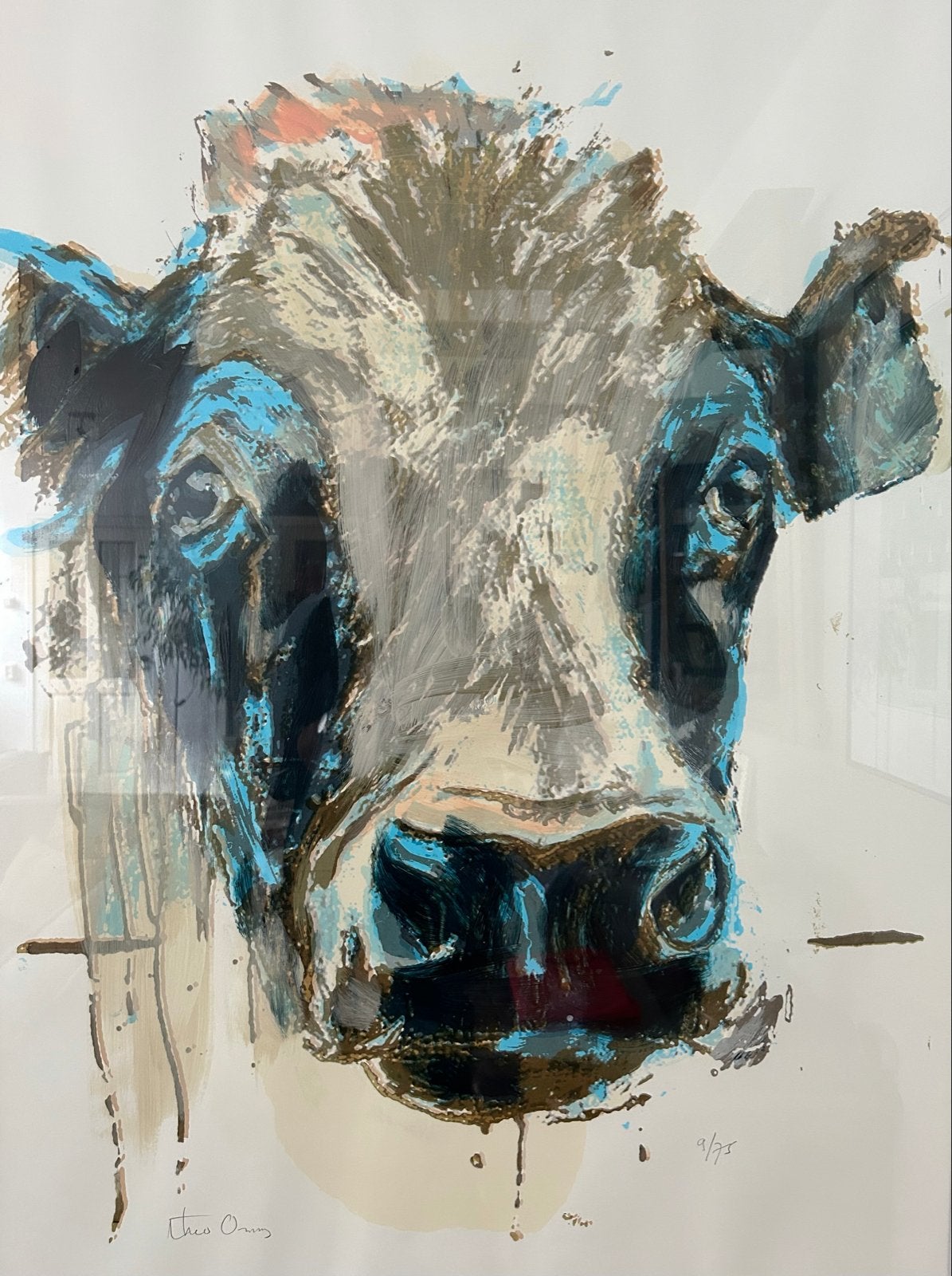 Zeefdruk Theo Onnes - Koe - 70x100 cm - Oplage 9/75, 2000 tot heden, Genummerd, Ophalen of Verzenden, Flora en Fauna