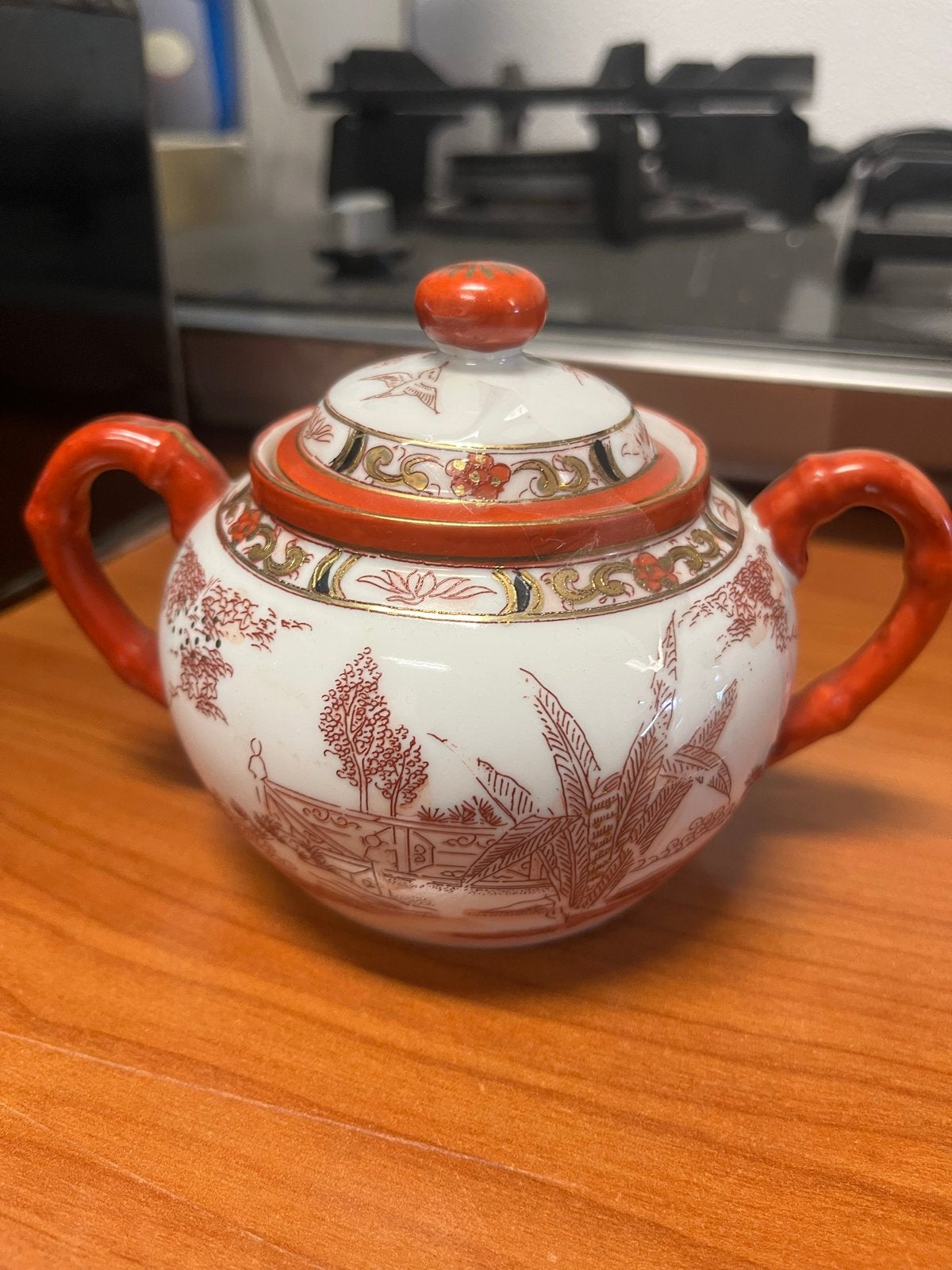Antieke Vintage Suikerpot - Rood/Wit met Gouden Details, Antiek en Kunst, Ophalen of Verzenden