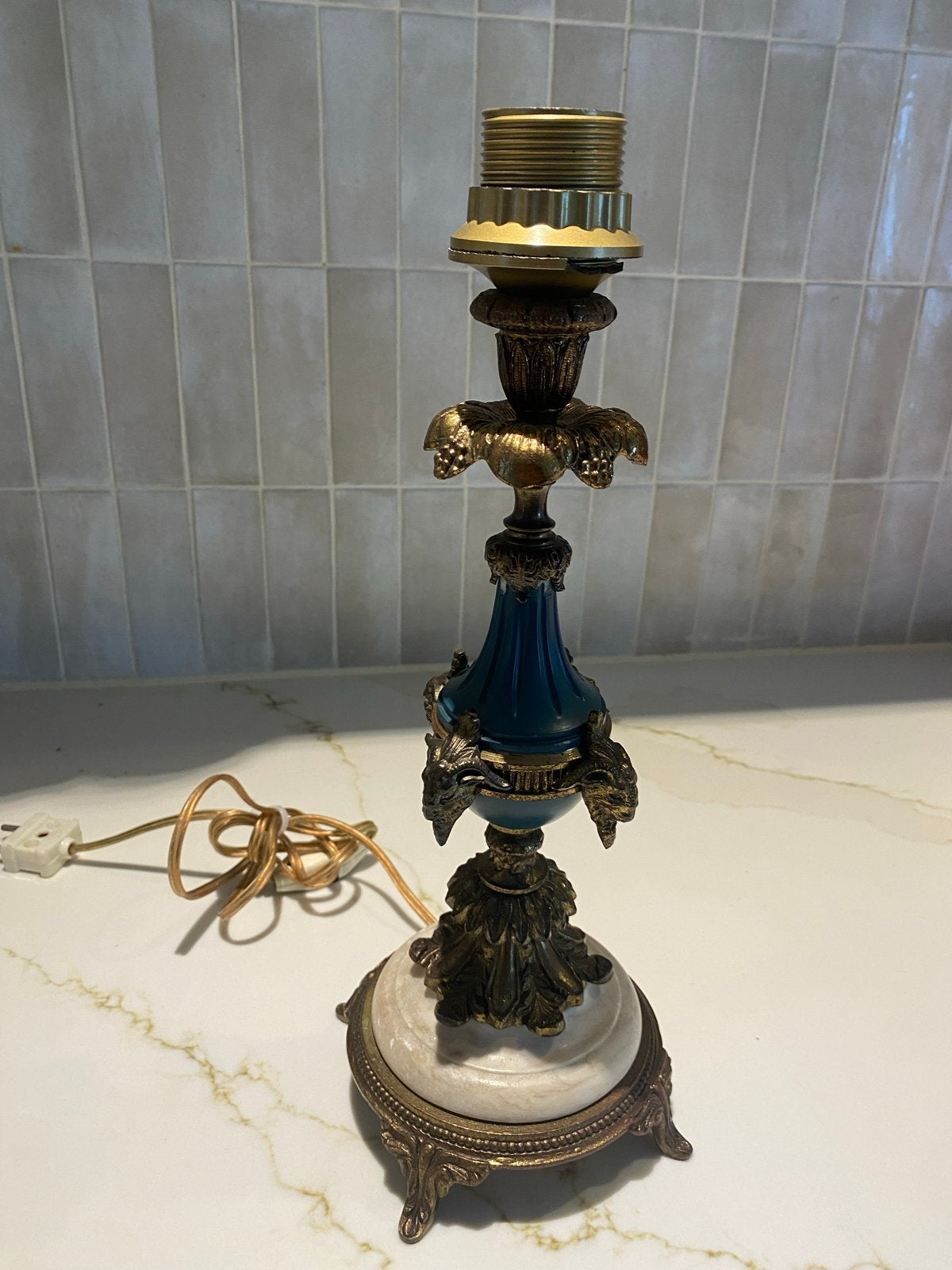 Antieke Franse Napoleon III Tafellamp - Marmer & Ramskoppen, Ophalen of Verzenden