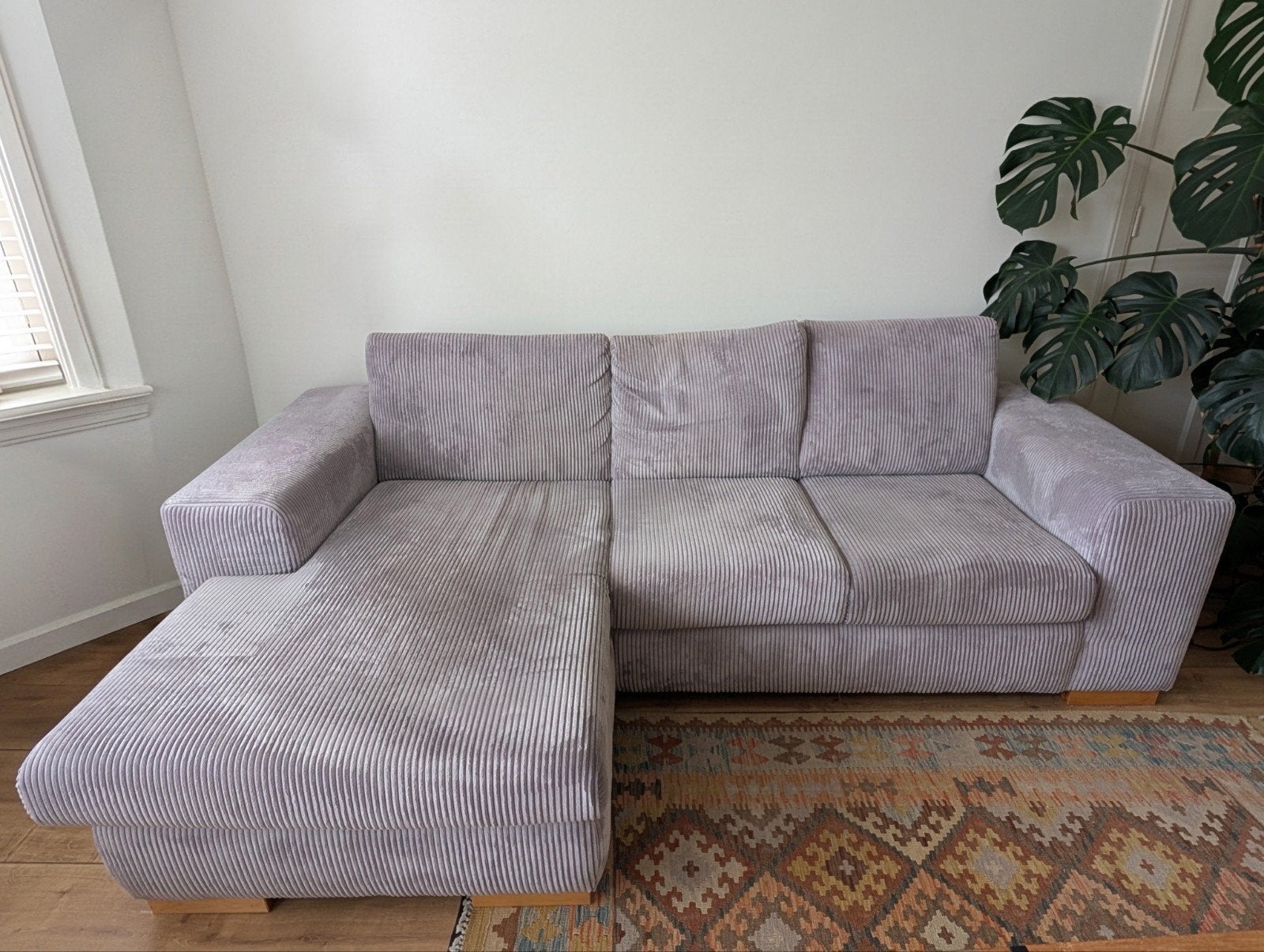 Grijsblauwe driezitsbank met longchair, Ophalen, Gebruikt, Stof, Modern comfortabel