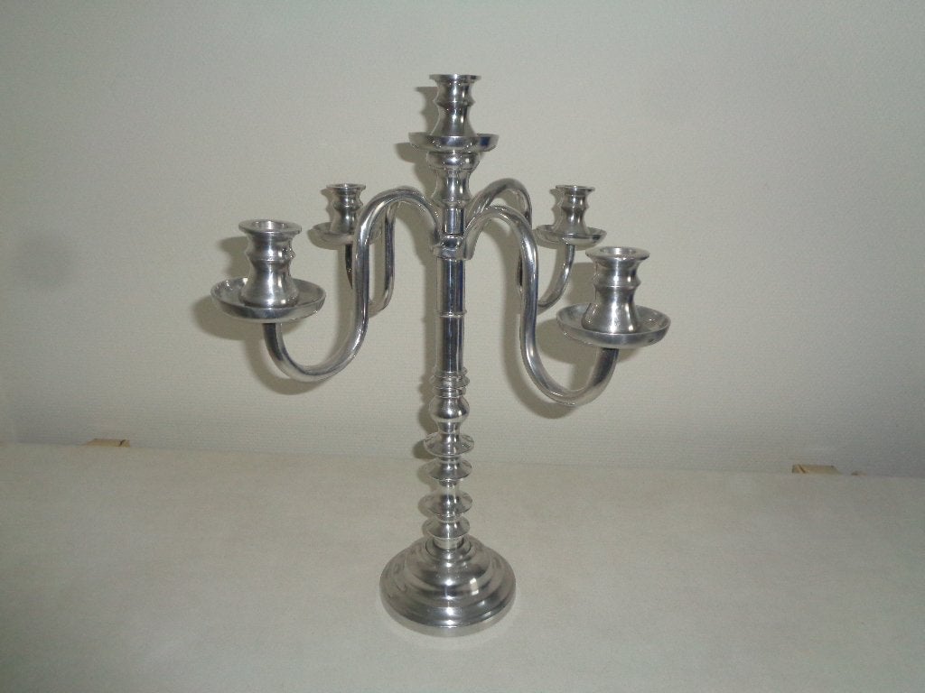 Zilver kleurige Kandelaar voor 5 kaarsen., Antiek en Kunst, Antiek | Kandelaars, Ophalen of Verzenden, Zilver