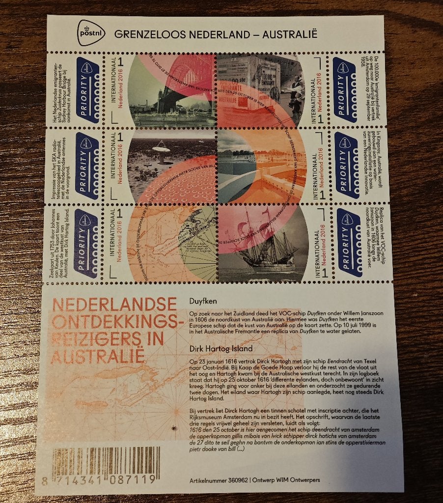 2016 Grenzeloos Nederland-Australie Vel Internationaal, Postzegels en Munten, Postzegels | Nederland, Ophalen of Verzenden, Na 1940