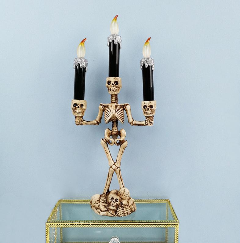 Skelet Kandelaar Met LED Kaars Doodskop Skull Horror Enge, Verzenden, Nieuw, Overige materialen
