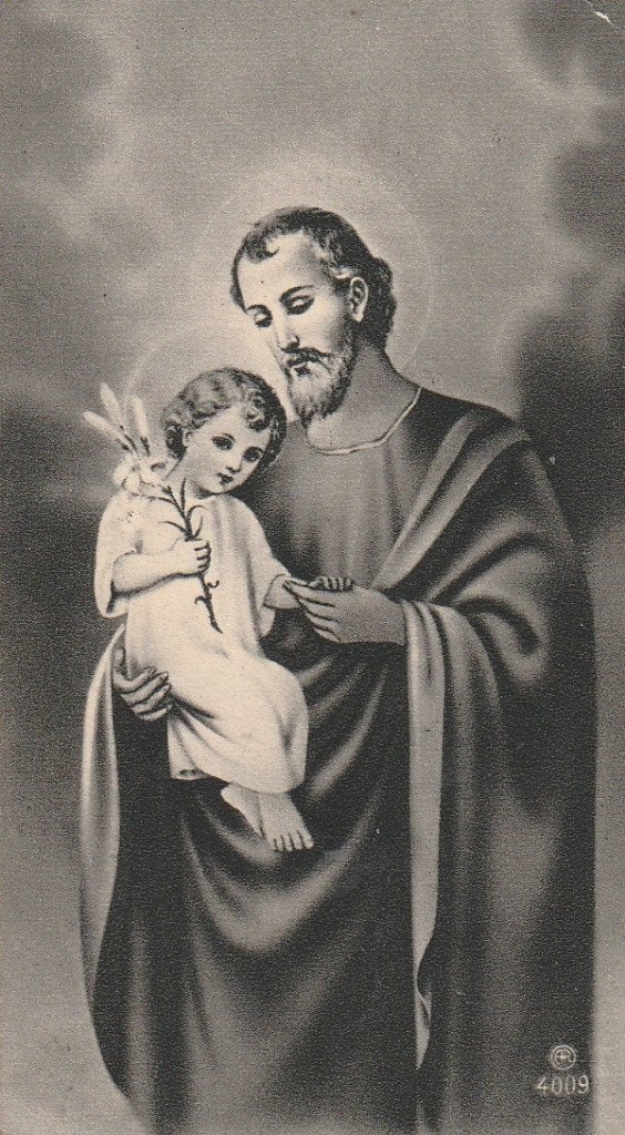 Antieke prentje Heilige Jozef met kindje Jezus, Verzamelen, Ophalen of Verzenden, Gebruikt, Kaart of Prent, Christendom | Katholiek